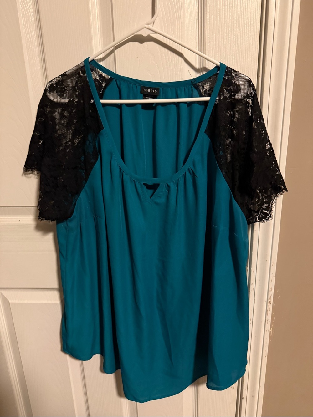 torrid Teal Cold-Shoulder Blouse with Black Lace Sleeves